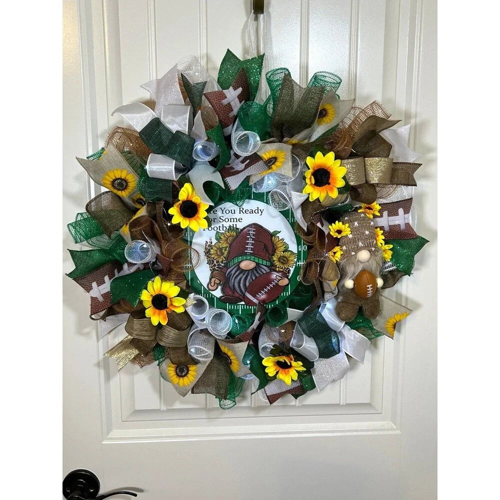 Handmade Football Gnome Ribbon Welcome Door Wreath Leaf 22 in LED Fall W4